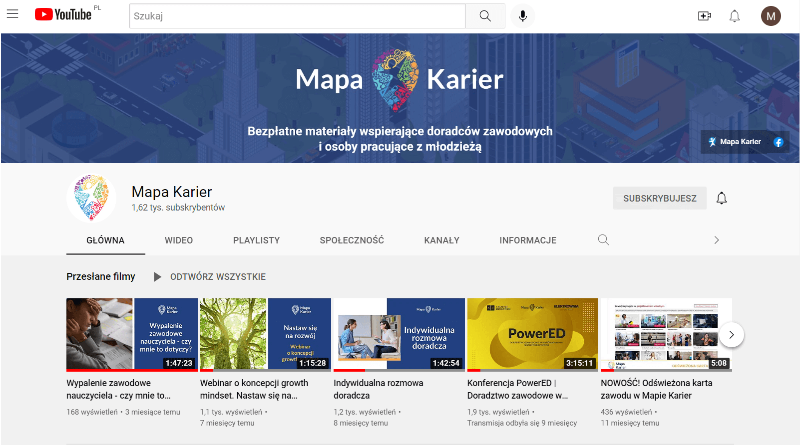 Strona startowa kanału youtube Mapy Karier